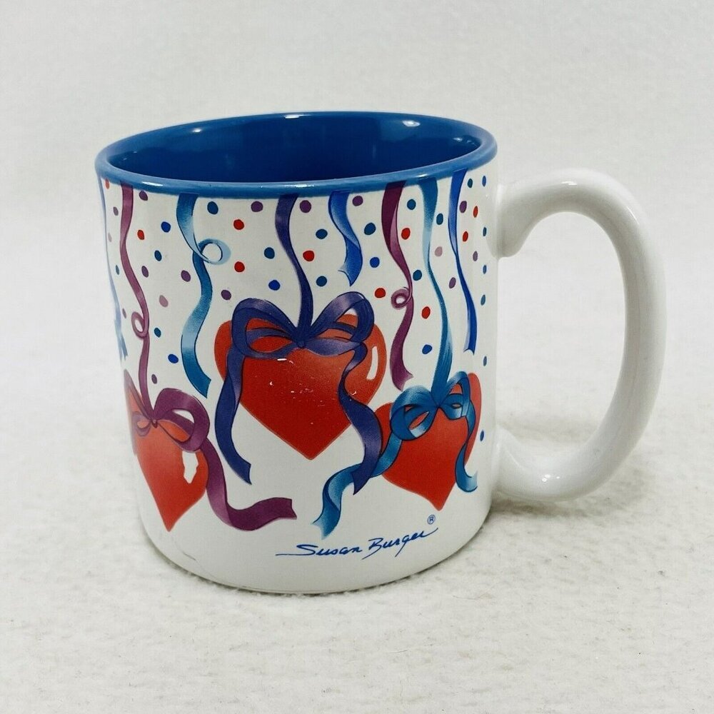 Vintage 1991 FIB Susan Burger Mug Red Heart Blue Ribbon Valentine Love Balloon